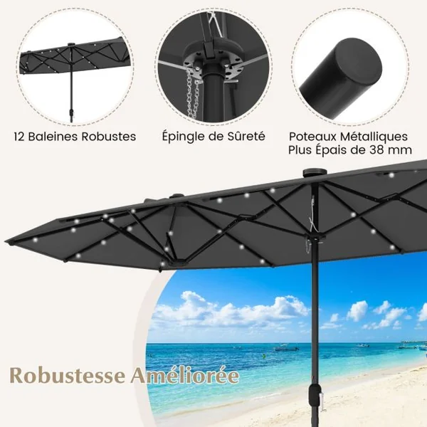 Parasol de Terrasse Double Face de 400 cm avec Lampes Solaires avec Manivelle Base de Parasol Incluse Noir