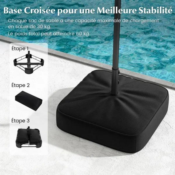 Parasol de Terrasse Double Face de 400 cm avec Lampes Solaires avec Manivelle Base de Parasol Incluse Noir