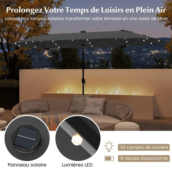Parasol de Terrasse Double Face de 400 cm avec Lampes Solaires avec Manivelle Base de Parasol Incluse Noir