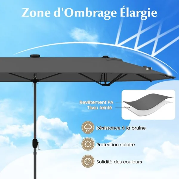 Parasol de Terrasse Double Face de 400 cm avec Lampes Solaires avec Manivelle Base de Parasol Incluse Noir