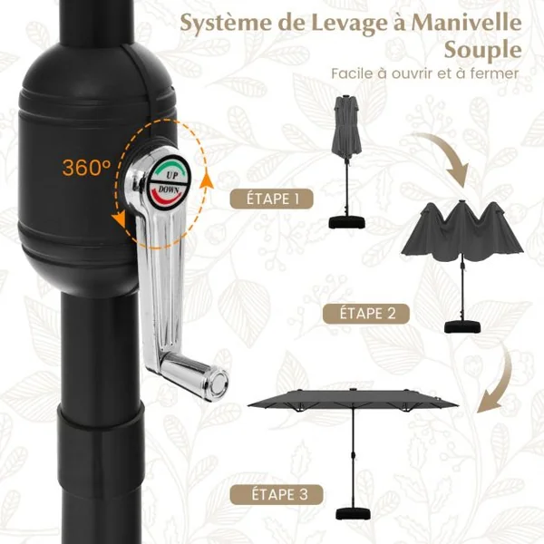 Parasol de Terrasse Double Face de 400 cm avec Lampes Solaires avec Manivelle Base de Parasol Incluse Noir
