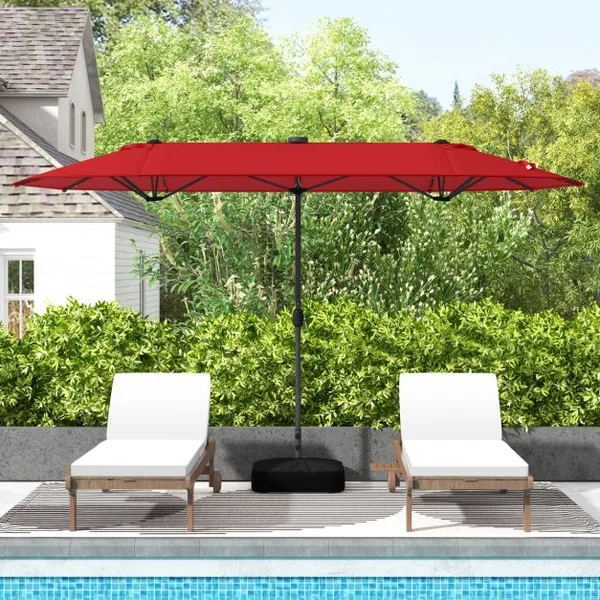 Parasol de Terrasse Double Face de 400 cm avec Lampes Solaires avec Manivelle Base de Parasol Incluse Rouge