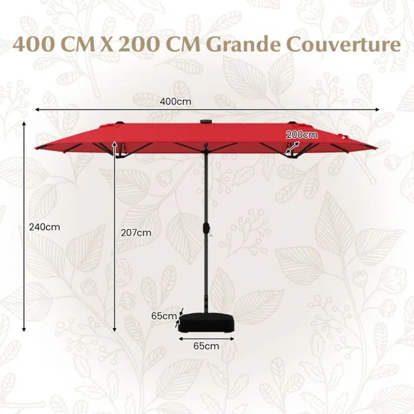 Parasol de Terrasse Double Face de 400 cm avec Lampes Solaires avec Manivelle Base de Parasol Incluse Rouge