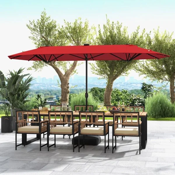 Parasol de Terrasse Double Face de 400 cm avec Lampes Solaires avec Manivelle Base de Parasol Incluse Rouge