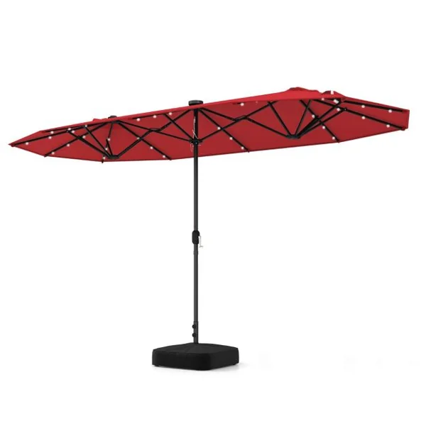 Parasol de Terrasse Double Face de 400 cm avec Lampes Solaires avec Manivelle Base de Parasol Incluse Rouge