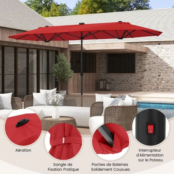 Parasol de Terrasse Double Face de 400 cm avec Lampes Solaires avec Manivelle Base de Parasol Incluse Rouge