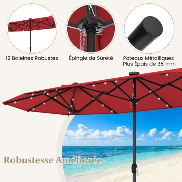 Parasol de Terrasse Double Face de 400 cm avec Lampes Solaires avec Manivelle Base de Parasol Incluse Rouge