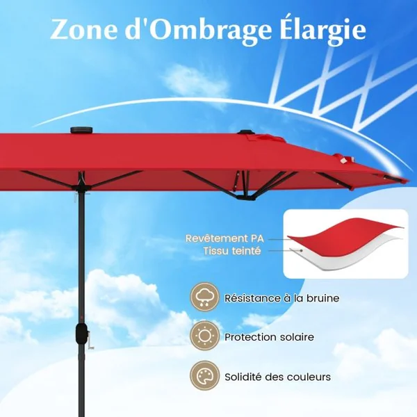 Parasol de Terrasse Double Face de 400 cm avec Lampes Solaires avec Manivelle Base de Parasol Incluse Rouge