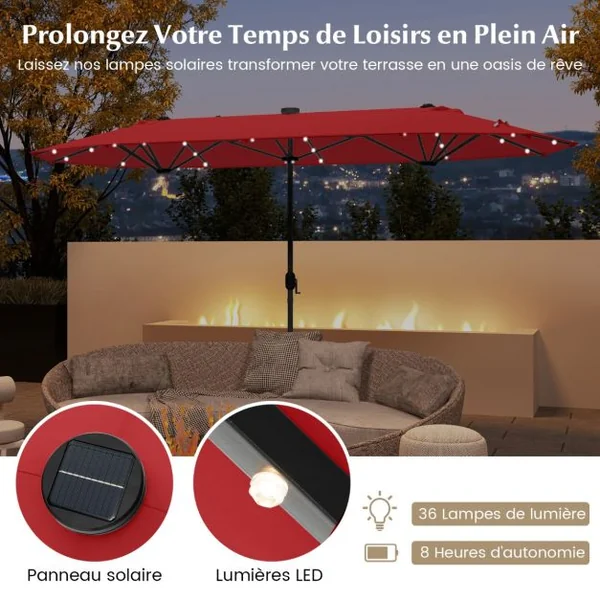Parasol de Terrasse Double Face de 400 cm avec Lampes Solaires avec Manivelle Base de Parasol Incluse Rouge