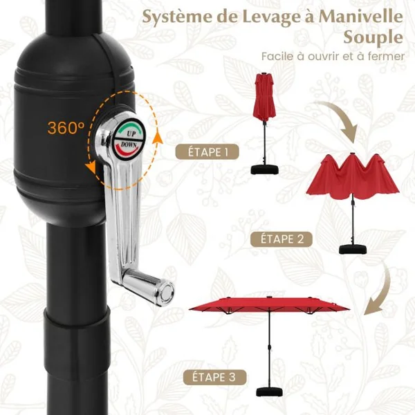 Parasol de Terrasse Double Face de 400 cm avec Lampes Solaires avec Manivelle Base de Parasol Incluse Rouge