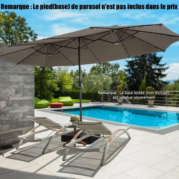 Parasol de Terrasse Double Face de 4,70m avec 48 Lumières LED Panneau Solaire à Chargement Automatique Parasol Extra-large à Manivelle 4 Couleurs au Choix