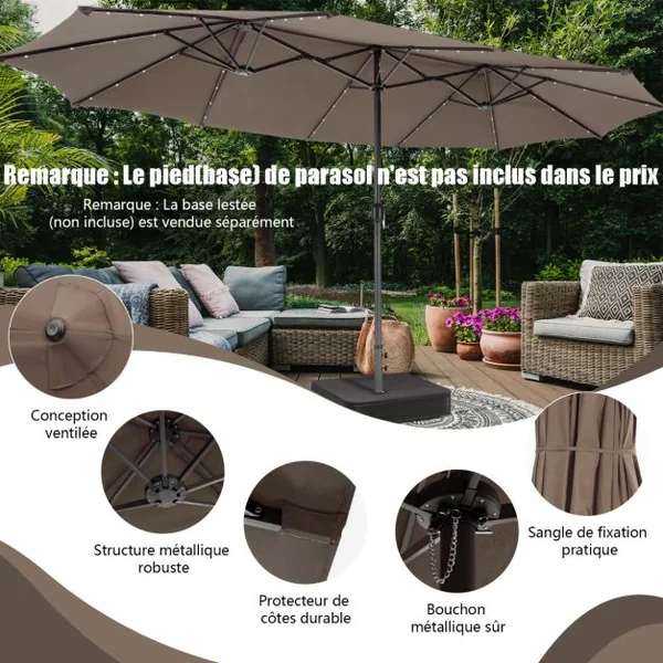 Parasol de Terrasse Double Face de 4,70m avec 48 Lumières LED Panneau Solaire à Chargement Automatique Parasol Extra-large à Manivelle 4 Couleurs au Choix