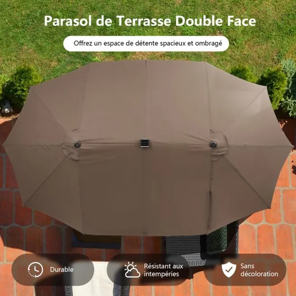 Parasol de Terrasse Double Face de 4,70m avec 48 Lumières LED Panneau Solaire à Chargement Automatique Parasol Extra-large à Manivelle 4 Couleurs au Choix