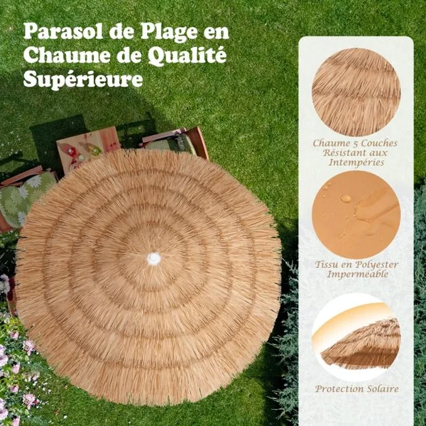 Parasol de terrasse en chaume, parasol tiki hawaïen de 175 cm avec sac de transport design inclinable parasol de table ou de marché extérieur pliable et portable