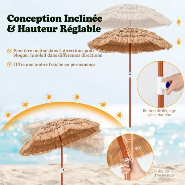 Parasol de terrasse en chaume, parasol tiki hawaïen de 175 cm avec sac de transport design inclinable parasol de table ou de marché extérieur pliable et portable