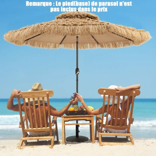 Parasol de Terrasse Tiki Au Toit de Chaume à Énergie Solaire de 270 Cm Manivelle Hawaïenne à 2 Niveaux