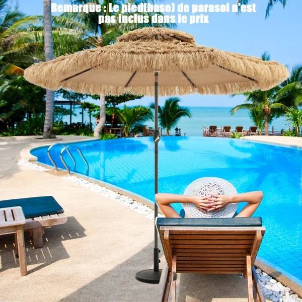 Parasol de Terrasse Tiki Au Toit de Chaume à Énergie Solaire de 270 Cm Manivelle Hawaïenne à 2 Niveaux