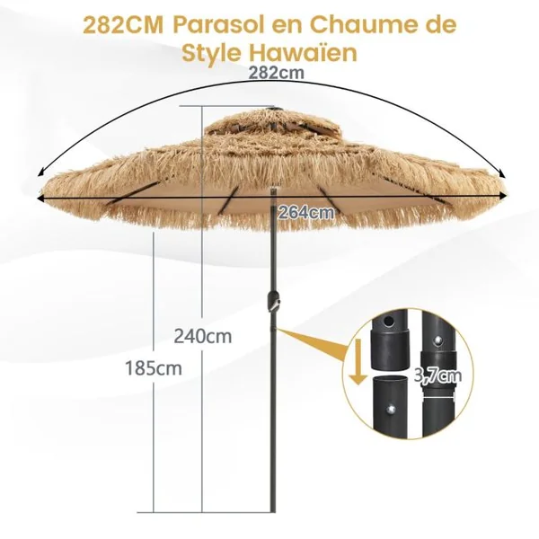 Parasol de Terrasse Tiki Au Toit de Chaume à Énergie Solaire de 270 Cm Manivelle Hawaïenne à 2 Niveaux