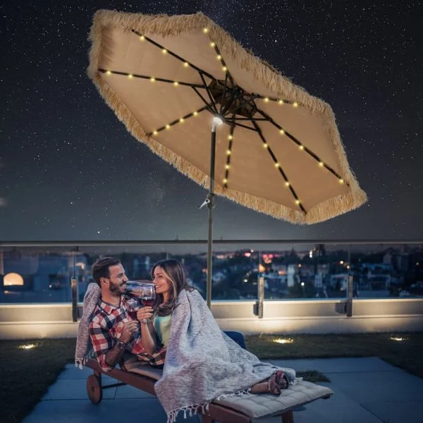 Parasol de Terrasse Tiki Au Toit de Chaume à Énergie Solaire de 270 Cm Manivelle Hawaïenne à 2 Niveaux