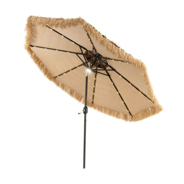 Parasol de Terrasse Tiki Au Toit de Chaume à Énergie Solaire de 270 Cm Manivelle Hawaïenne à 2 Niveaux