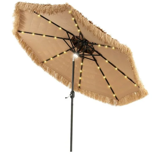 Parasol de Terrasse Tiki Au Toit de Chaume à Énergie Solaire de 270 Cm Manivelle Hawaïenne à 2 Niveaux