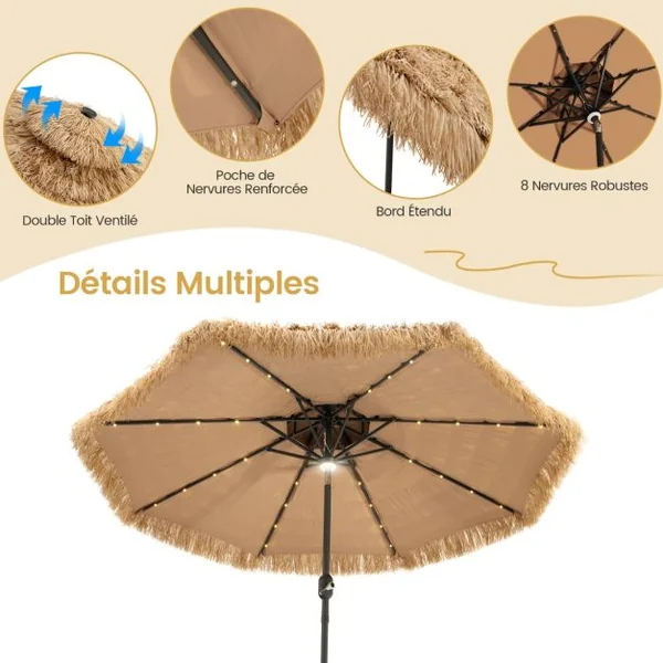 Parasol de Terrasse Tiki Au Toit de Chaume à Énergie Solaire de 270 Cm Manivelle Hawaïenne à 2 Niveaux