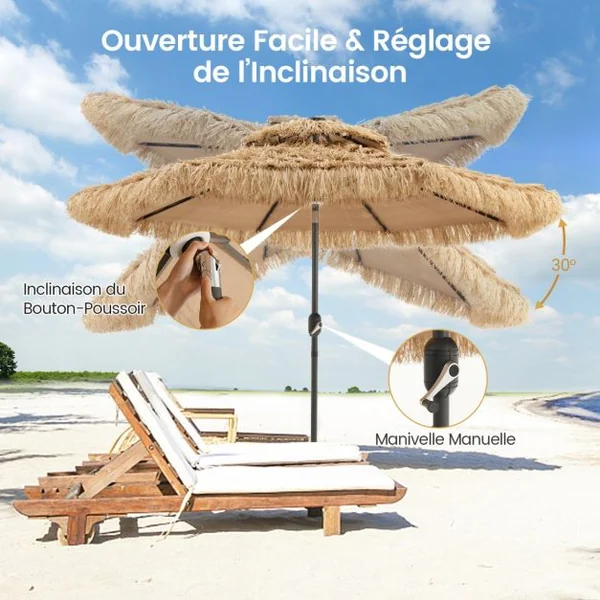 Parasol de Terrasse Tiki Au Toit de Chaume à Énergie Solaire de 270 Cm Manivelle Hawaïenne à 2 Niveaux
