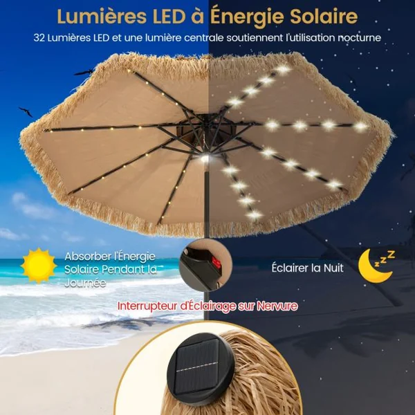 Parasol de Terrasse Tiki Au Toit de Chaume à Énergie Solaire de 270 Cm Manivelle Hawaïenne à 2 Niveaux