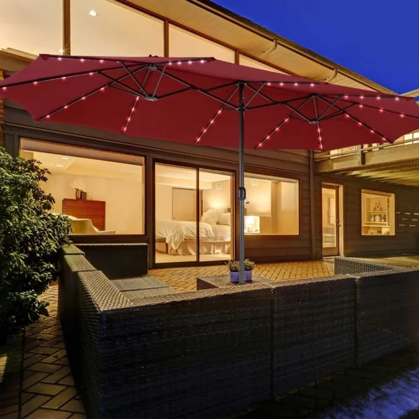 Parasol Double Face de 4,70 m avec 48 Lumières LED Base à Lester avec Sac de Sable (non inclus) Parasol à Manivelle 4 Couleurs au Choix