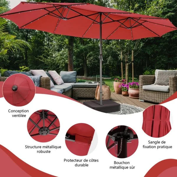 Parasol Double Face de 4,70 m avec 48 Lumières LED Base à Lester avec Sac de Sable (non inclus) Parasol à Manivelle 4 Couleurs au Choix