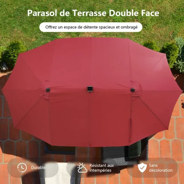Parasol Double Face de 4,70 m avec 48 Lumières LED Base à Lester avec Sac de Sable (non inclus) Parasol à Manivelle 4 Couleurs au Choix