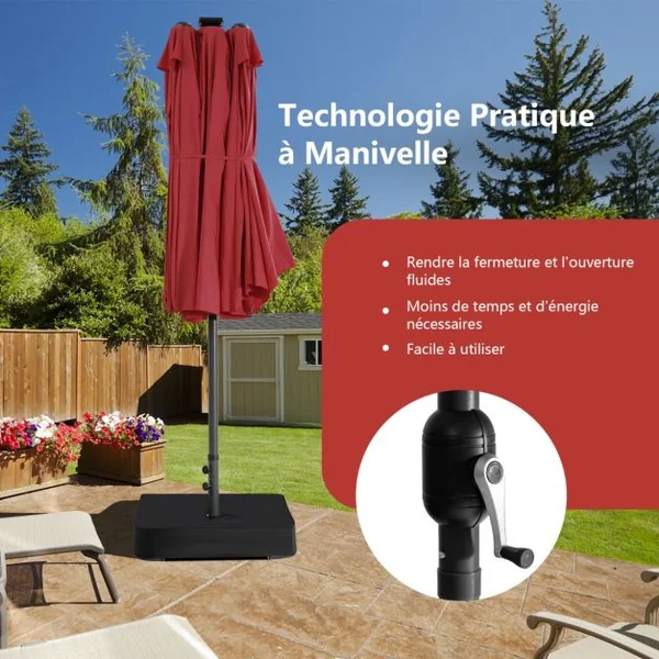 Parasol Double Face de 4,70 m avec 48 Lumières LED Base à Lester avec Sac de Sable (non inclus) Parasol à Manivelle 4 Couleurs au Choix