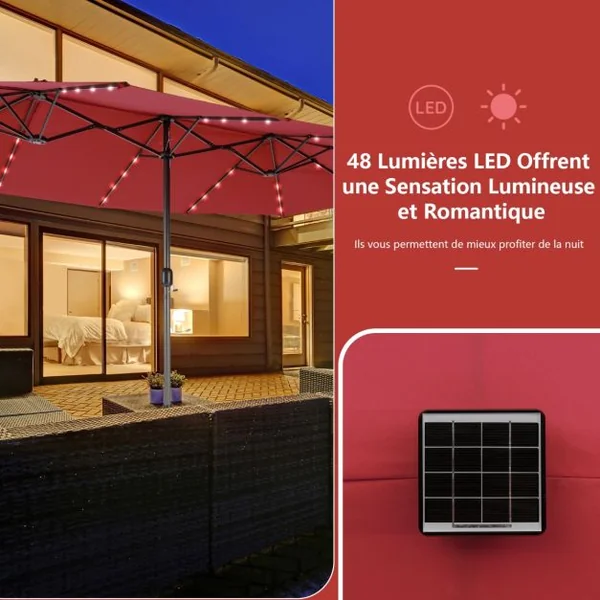 Parasol Double Face de 4,70 m avec 48 Lumières LED Base à Lester avec Sac de Sable (non inclus) Parasol à Manivelle 4 Couleurs au Choix