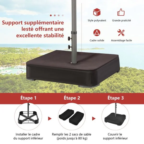 Parasol Double Face de 4,70 m avec 48 Lumières LED Base à Lester avec Sac de Sable (non inclus) Parasol à Manivelle 4 Couleurs au Choix