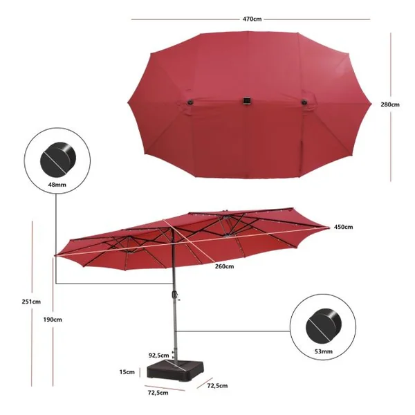Parasol Double Face de 4,70 m avec 48 Lumières LED Base à Lester avec Sac de Sable (non inclus) Parasol à Manivelle 4 Couleurs au Choix