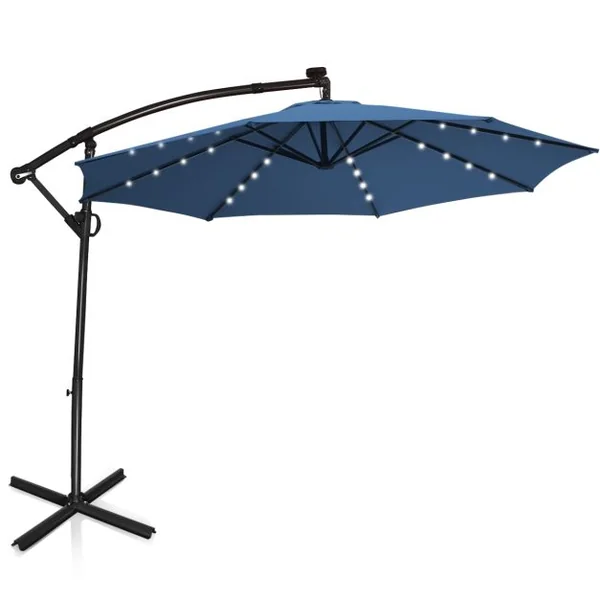 Parasol Déporté 3M avec 24 Lumières LED Solaires Rotatif 360° Base Croisée Manivelle Angle Réglage Poteau en Aluminium Bleu
