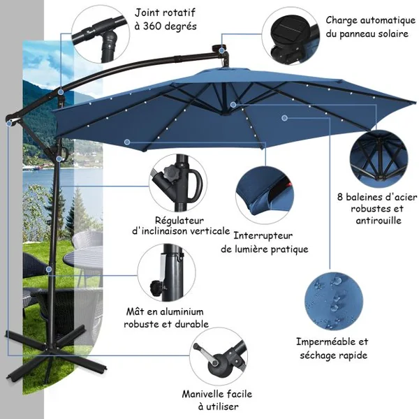 Parasol Déporté 3M avec 24 Lumières LED Solaires Rotatif 360° Base Croisée Manivelle Angle Réglage Poteau en Aluminium Bleu