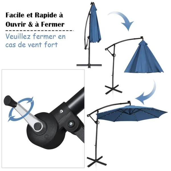Parasol Déporté 3M avec 24 Lumières LED Solaires Rotatif 360° Base Croisée Manivelle Angle Réglage Poteau en Aluminium Bleu