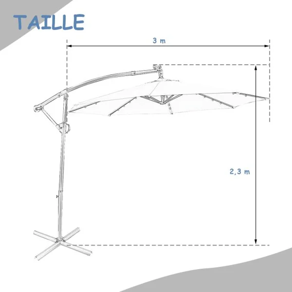 Parasol Déporté 3M avec 24 Lumières LED Solaires Rotatif 360° Base Croisée Manivelle Angle Réglage Poteau en Aluminium Bleu