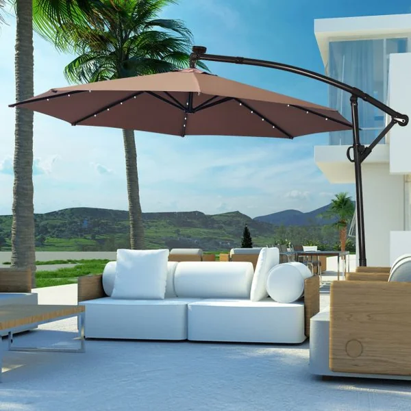 Parasol Déporté 3M avec 24 Lumières LED Solaires Rotatif 360° Base Croisée Manivelle Angle Réglage Poteau en Aluminium Café