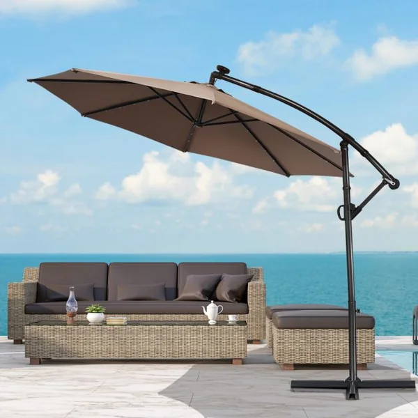 Parasol Déporté 3M avec 24 Lumières LED Solaires Rotatif 360° Base Croisée Manivelle Angle Réglage Poteau en Aluminium Café