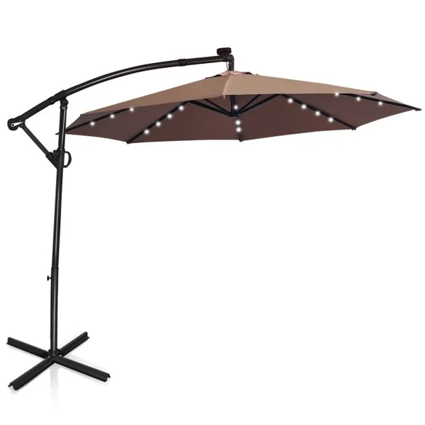 Parasol Déporté 3M avec 24 Lumières LED Solaires Rotatif 360° Base Croisée Manivelle Angle Réglage Poteau en Aluminium Café