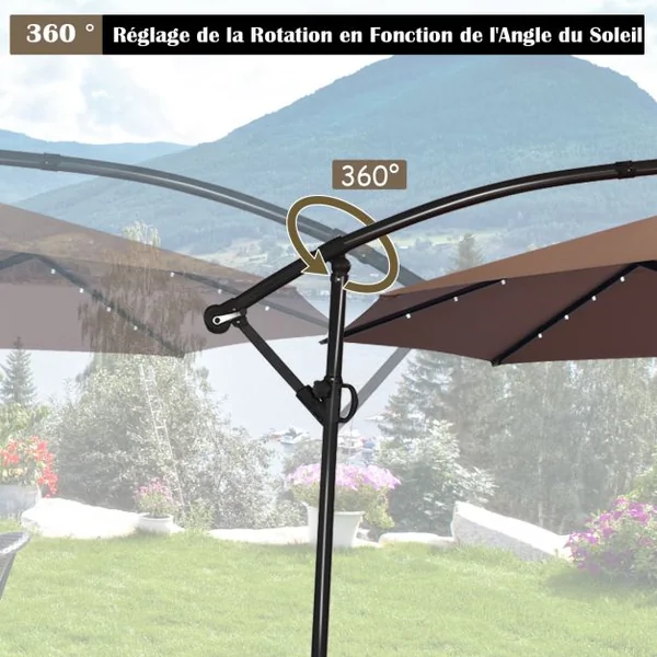 Parasol Déporté 3M avec 24 Lumières LED Solaires Rotatif 360° Base Croisée Manivelle Angle Réglage Poteau en Aluminium Café