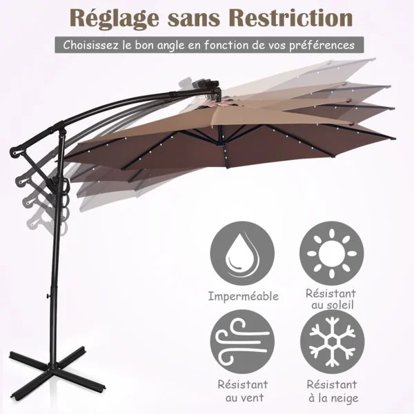 Parasol Déporté 3M avec 24 Lumières LED Solaires Rotatif 360° Base Croisée Manivelle Angle Réglage Poteau en Aluminium Café