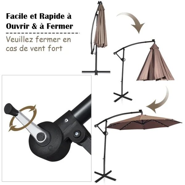 Parasol Déporté 3M avec 24 Lumières LED Solaires Rotatif 360° Base Croisée Manivelle Angle Réglage Poteau en Aluminium Café