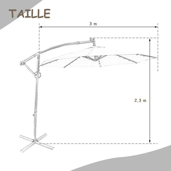 Parasol Déporté 3M avec 24 Lumières LED Solaires Rotatif 360° Base Croisée Manivelle Angle Réglage Poteau en Aluminium Café