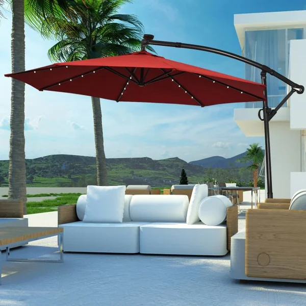 Parasol Déporté 3M avec 24 Lumières LED Solaires Rotatif 360° Base Croisée Manivelle Angle Réglage Poteau en Aluminium Vin Rouge