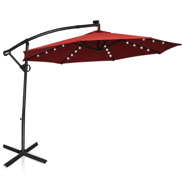 Parasol Déporté 3M avec 24 Lumières LED Solaires Rotatif 360° Base Croisée Manivelle Angle Réglage Poteau en Aluminium Vin Rouge