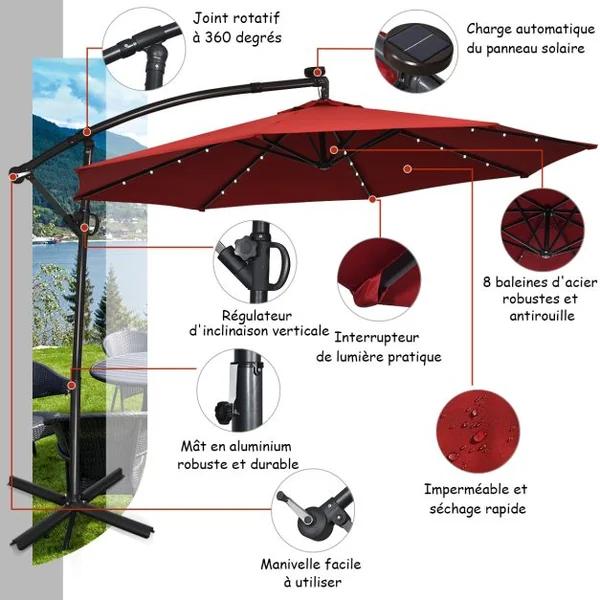 Parasol Déporté 3M avec 24 Lumières LED Solaires Rotatif 360° Base Croisée Manivelle Angle Réglage Poteau en Aluminium Vin Rouge