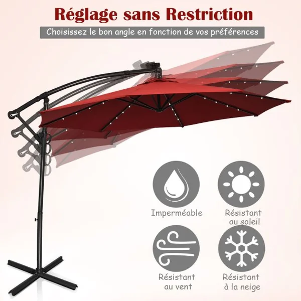 Parasol Déporté 3M avec 24 Lumières LED Solaires Rotatif 360° Base Croisée Manivelle Angle Réglage Poteau en Aluminium Vin Rouge